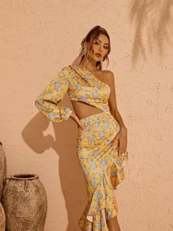 Aiyana One Shoulder Floral Maxi Dress In Yellow