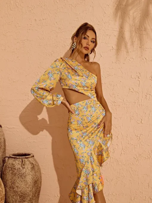 Aiyana One Shoulder Floral Maxi Dress In Yellow