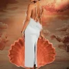 Aizza Backless Pearl Fringe Satin Midi Dress