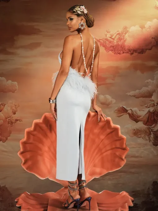 Aizza Backless Pearl Fringe Satin Midi Dress