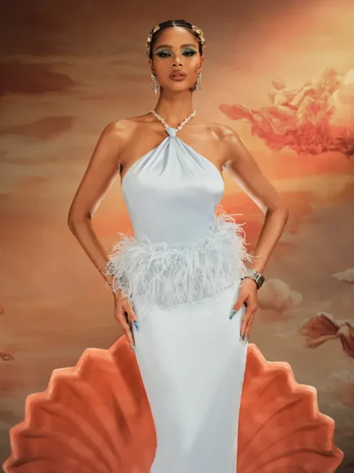 Aizza Backless Pearl Fringe Satin Midi Dress