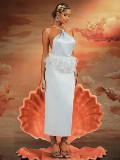 Aizza Backless Pearl Fringe Satin Midi Dress