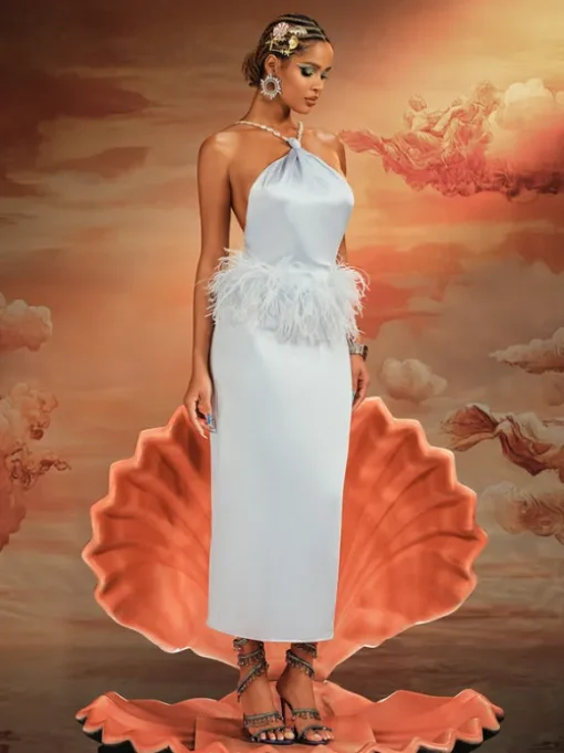 Aizza Backless Pearl Fringe Satin Midi Dress