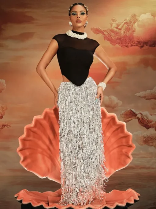 Ajmal Sequin Fringe Skirt Set