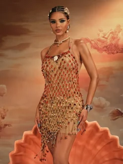 Akay Gemstone Beaded Fringe Dress