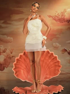 Akela Spaghetti Flower Mesh Mini Dress