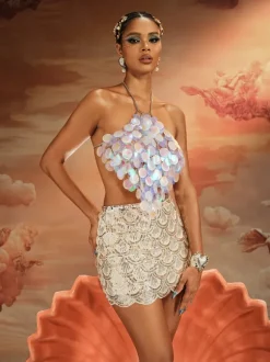 Akili Halterneck Sequin Scale Top In Mermaid