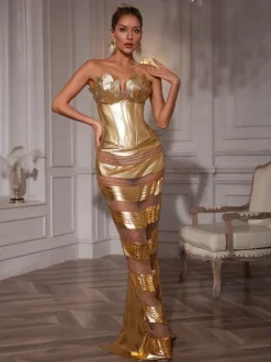 Aksel Strapless Corset Chain Wrapped Maxi Dress