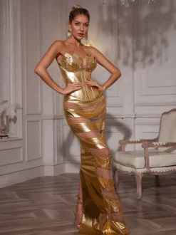 Aksel Strapless Corset Chain Wrapped Maxi Dress