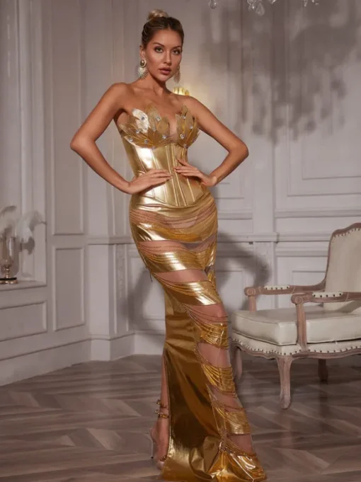 Aksel Strapless Corset Chain Wrapped Maxi Dress