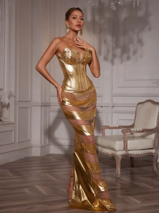 Aksel Strapless Corset Chain Wrapped Maxi Dress