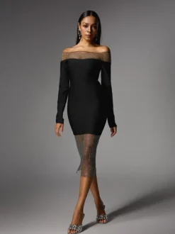 Akuna Off Shoulder Crystal Bandage Midi Dress
