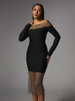 Akuna Off Shoulder Crystal Bandage Midi Dress