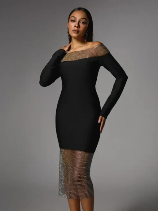 Akuna Off Shoulder Crystal Bandage Midi Dress
