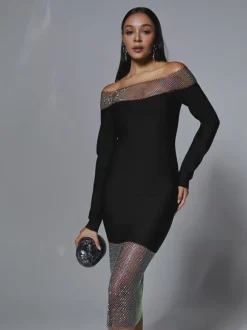 Akuna Off Shoulder Crystal Bandage Midi Dress