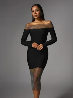 Akuna Off Shoulder Crystal Bandage Midi Dress