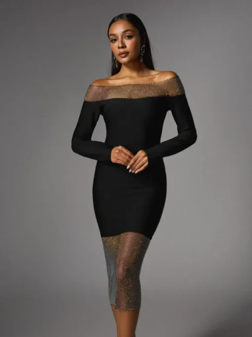 Akuna Off Shoulder Crystal Bandage Midi Dress