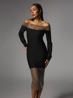 Akuna Off Shoulder Crystal Bandage Midi Dress