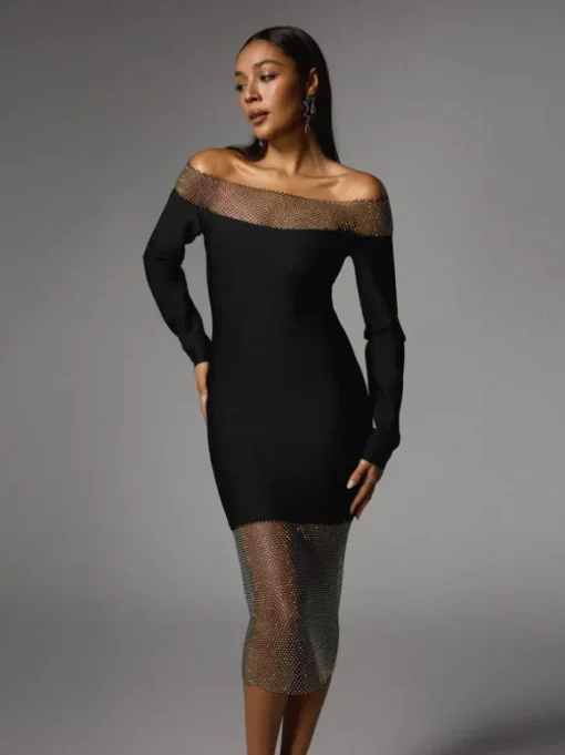Akuna Off Shoulder Crystal Bandage Midi Dress