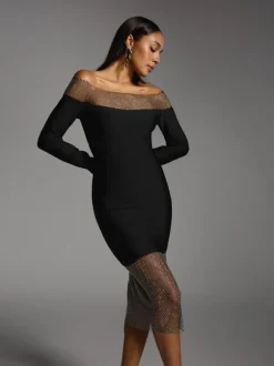 Akuna Off Shoulder Crystal Bandage Midi Dress