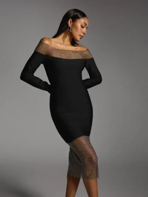 Akuna Off Shoulder Crystal Bandage Midi Dress