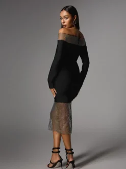 Akuna Off Shoulder Crystal Bandage Midi Dress