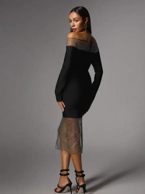 Akuna Off Shoulder Crystal Bandage Midi Dress