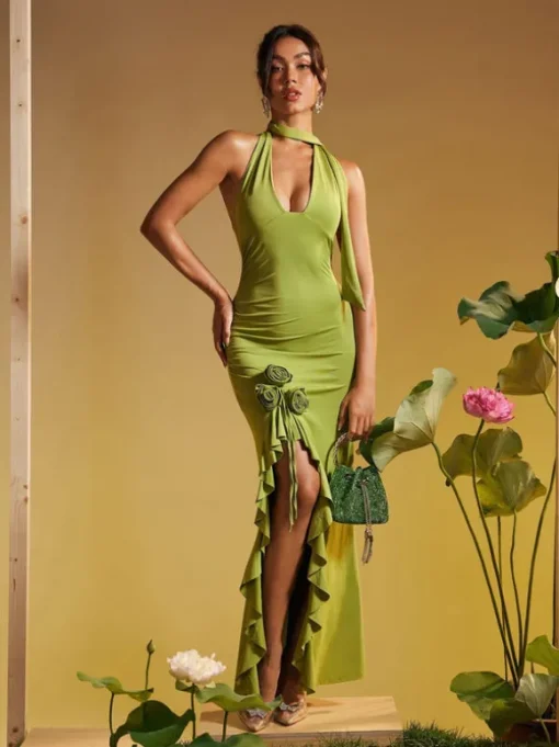 Alara Halterneck Flower Ruffle Maxi Dress In Green