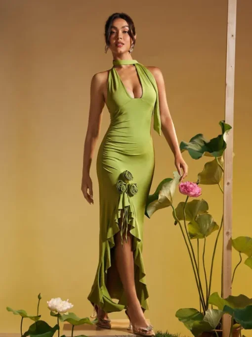 Alara Halterneck Flower Ruffle Maxi Dress In Green