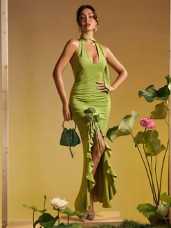 Alara Halterneck Flower Ruffle Maxi Dress In Green