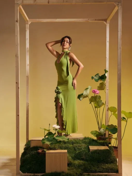Alara Halterneck Flower Ruffle Maxi Dress In Green