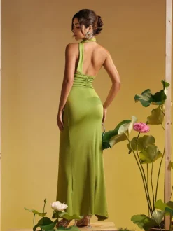 Alara Halterneck Flower Ruffle Maxi Dress In Green