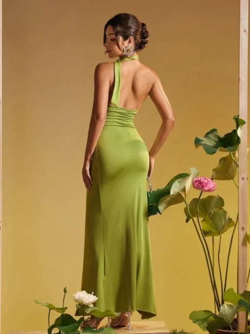 Alara Halterneck Flower Ruffle Maxi Dress In Green
