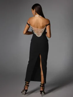 Albinia Backless Pearl Beaded Midi Dress