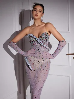 Aleia Snake Twisted Rhinestone Maxi Dress With Gloves