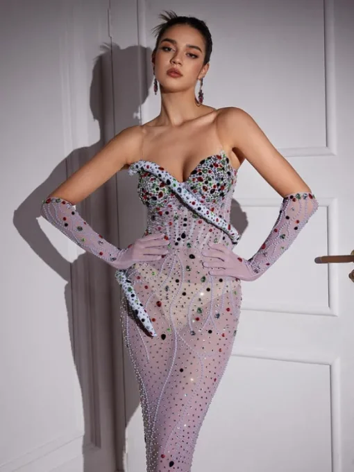 Aleia Snake Twisted Rhinestone Maxi Dress With Gloves