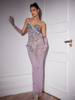 Aleia Snake Twisted Rhinestone Maxi Dress With Gloves