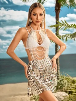 Alfreda Halterneck Beaded Fringe Top