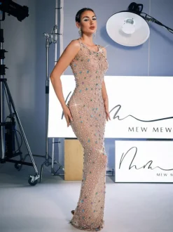 Alfredo Scoop Neck Rhinestone Maxi Dress