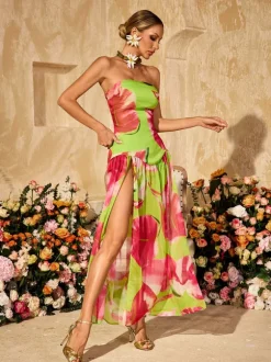 Alikae Strapless Printed Split Maxi Dress