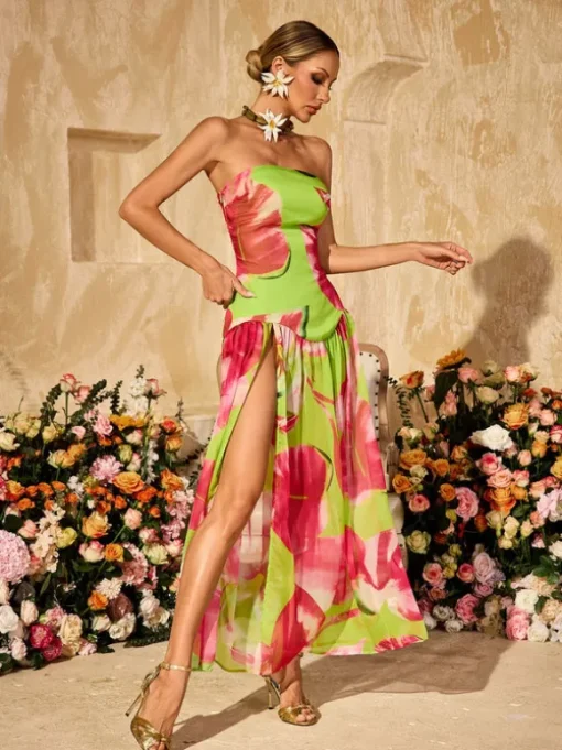 Alikae Strapless Printed Split Maxi Dress