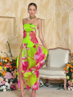 Alikae Strapless Printed Split Maxi Dress