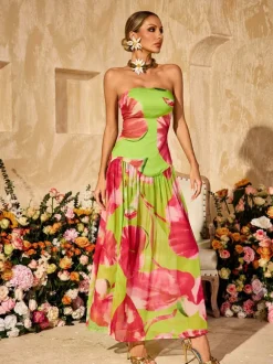Alikae Strapless Printed Split Maxi Dress