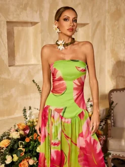 Alikae Strapless Printed Split Maxi Dress
