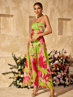 Alikae Strapless Printed Split Maxi Dress