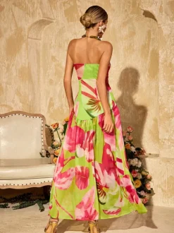 Alikae Strapless Printed Split Maxi Dress