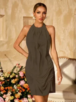Alinka Halterneck Ruched Mini Dress In Khaki