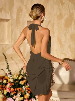 Alinka Halterneck Ruched Mini Dress In Khaki