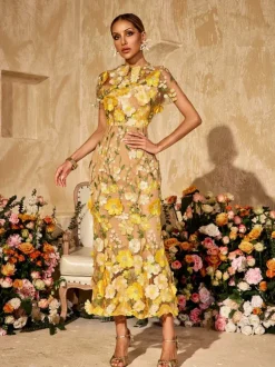 Alirio Embroidered Flower Midi Dress