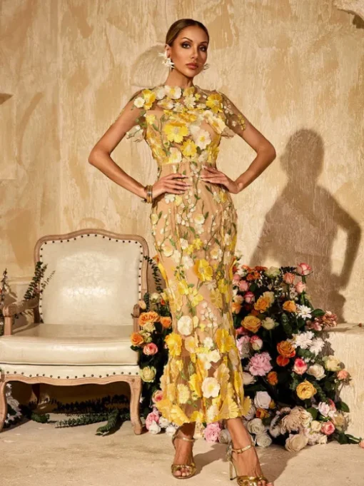 Alirio Embroidered Flower Midi Dress